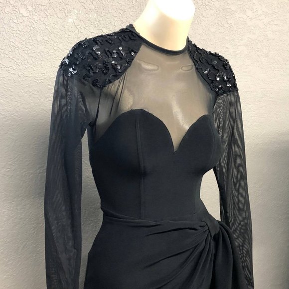 Vintage 90s Illusion Lace Wrap Lycra Cocktail Dress, 90s Sequin Net Bodycon Gown - Picture 3 of 6